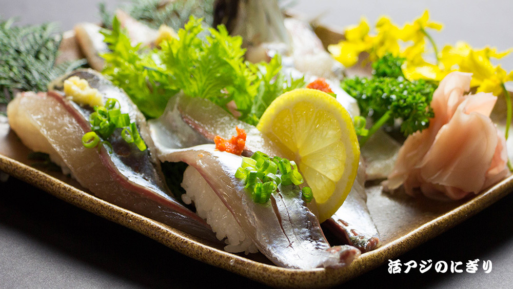 整然と並ぶ活アジのにぎり。アジは店内のいけすで泳がせているものをそのまま握ります。